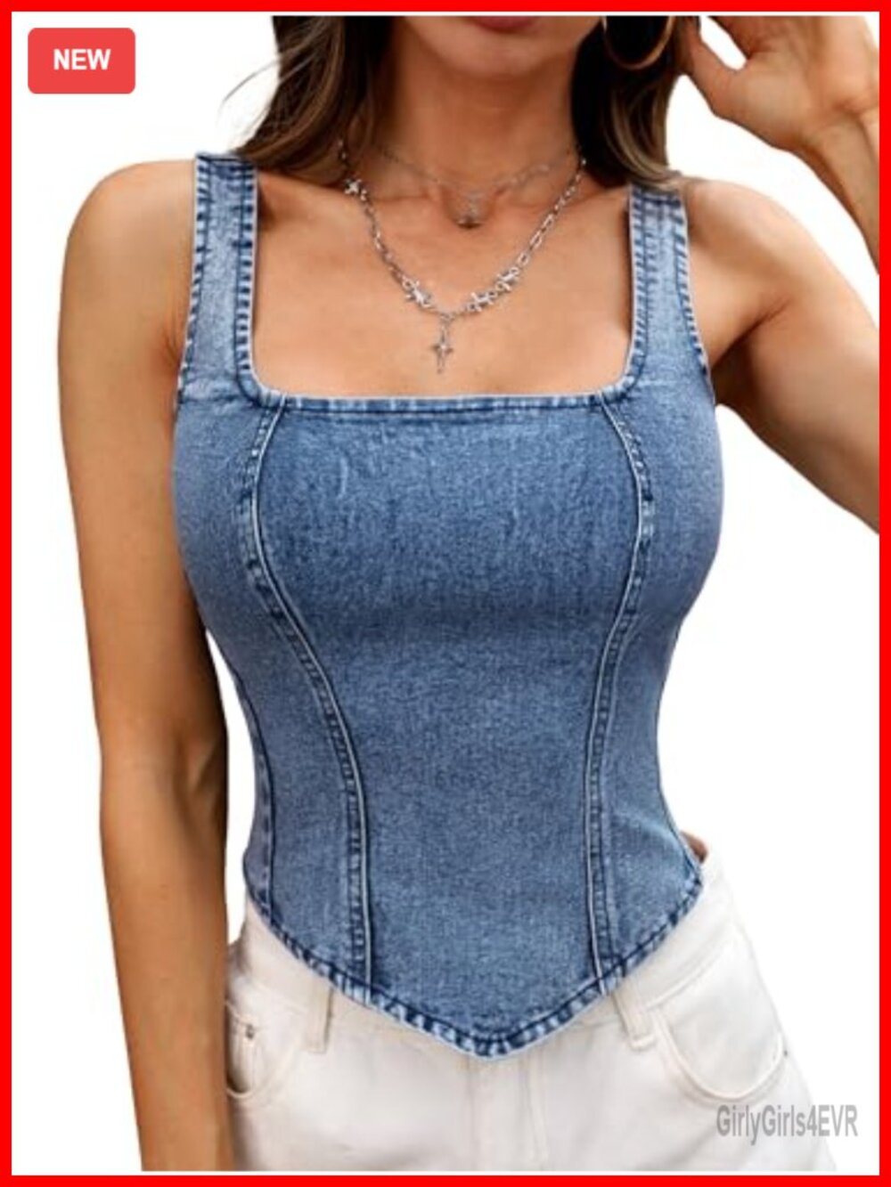 Denim Corset Tank Top Sleeveless Back Zip Body-Hugging Concert Top